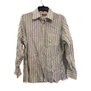 Michael Kors Mens XL Button-Down Shirt Blue & Green Striped 100% Cotton Made In